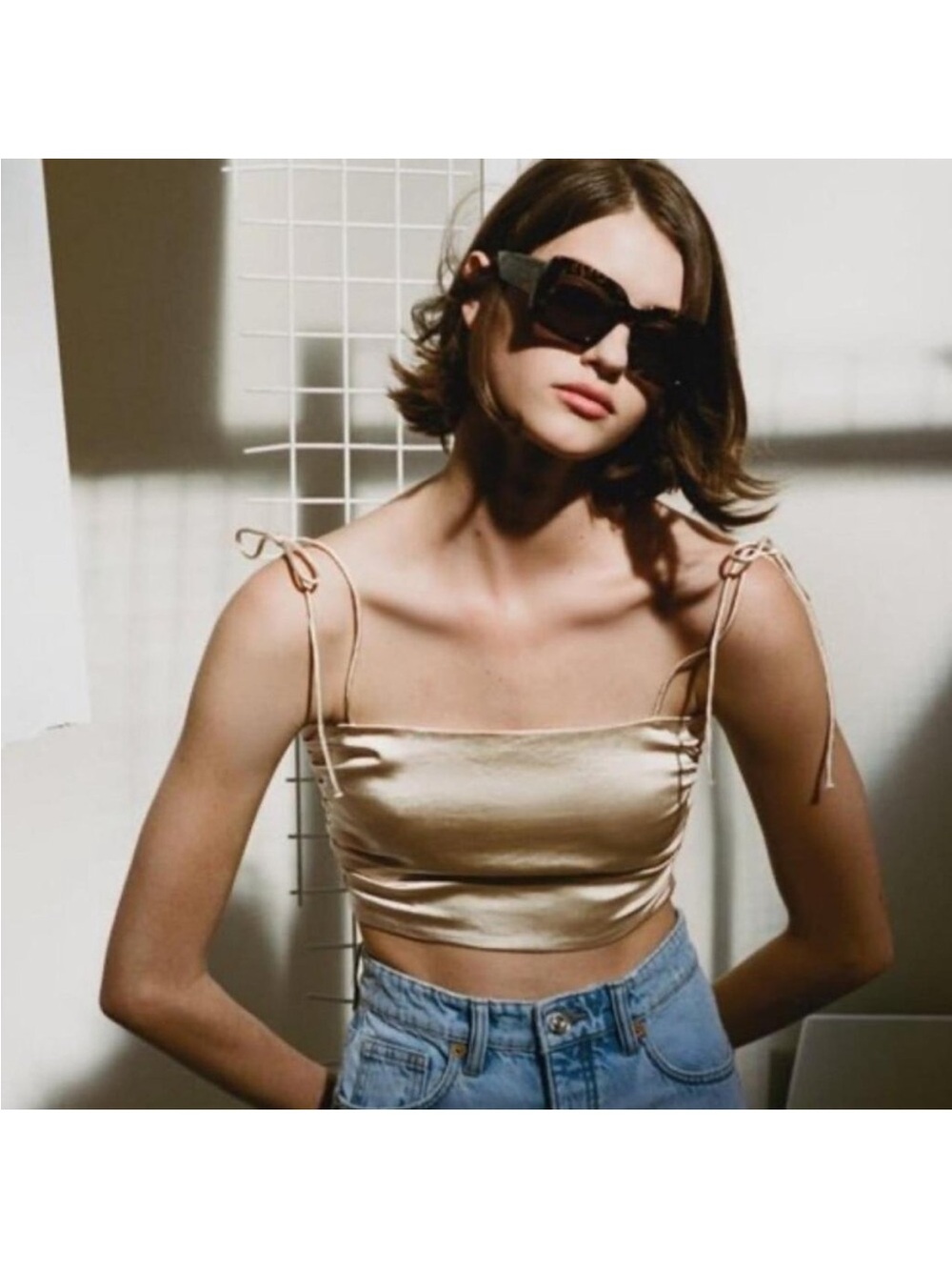Zara Satin Tie-Shoulder Cropped Cami Top - Champagne Gold